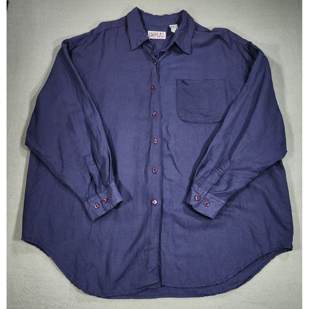 Vintage Bill Blass Women Jeans Linen Blend Button Up Shirt XL 1X Navy Blue Tunic